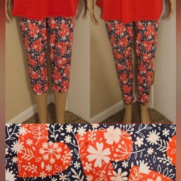 NWT TC Red Hearts Flowers Navy Blue Coquette Floral CP Leggings Back To School - Picture 1 of 10